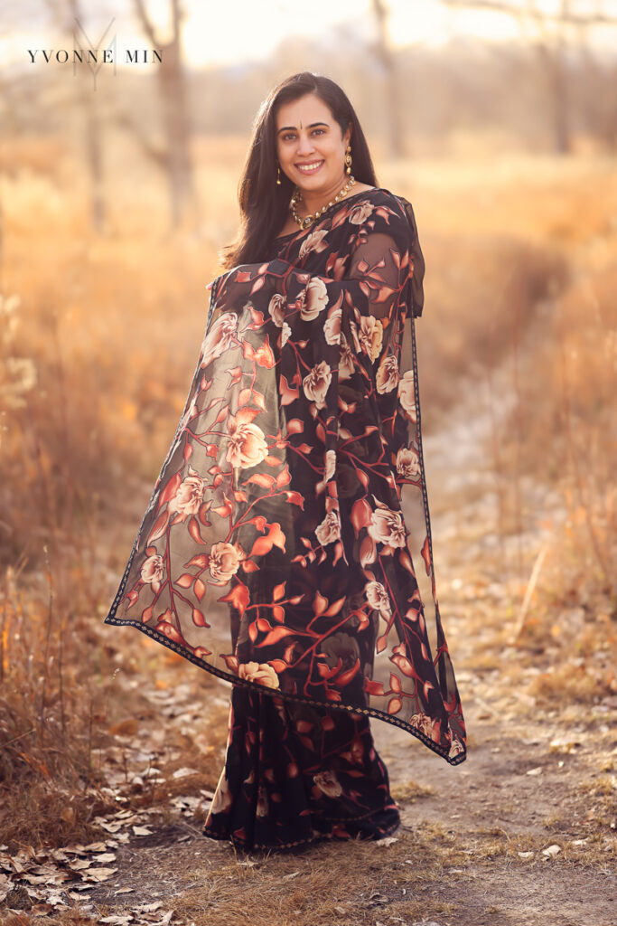 Mom poses in a beautiful saree at her family photoshoot outside in Thornton, Colorado.